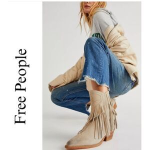 Free People Lawless Fringe Western Boots Tan Bone Block Heel Ankle Cowgirl Sz 37